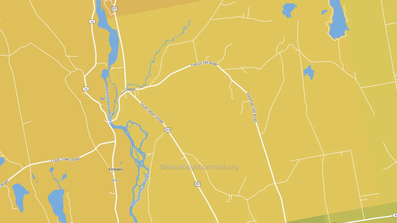Map of the best neighborhoods in the 04979 area, with better matches in green and worse matches in red