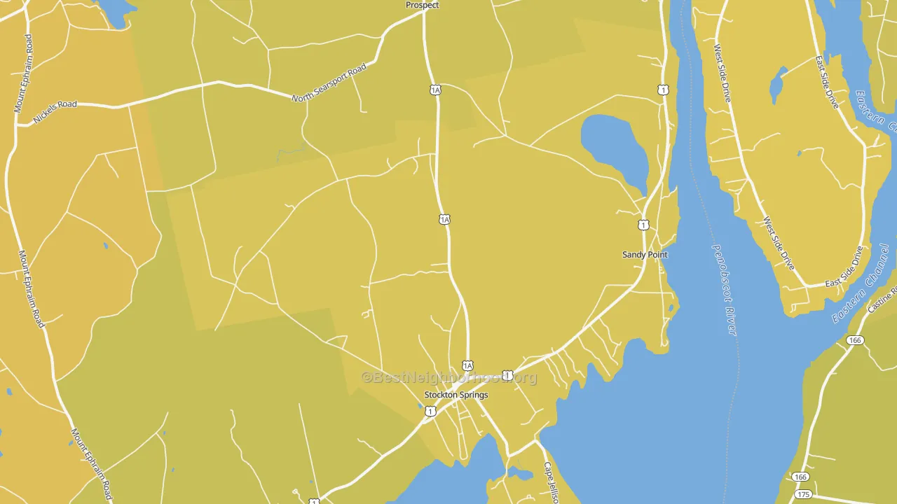 Map of the best neighborhoods in the 04981 area, with better matches in green and worse matches in red