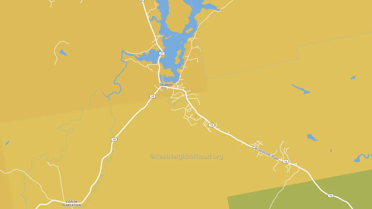 Map of the best neighborhoods in the 04982 area, with better matches in green and worse matches in red