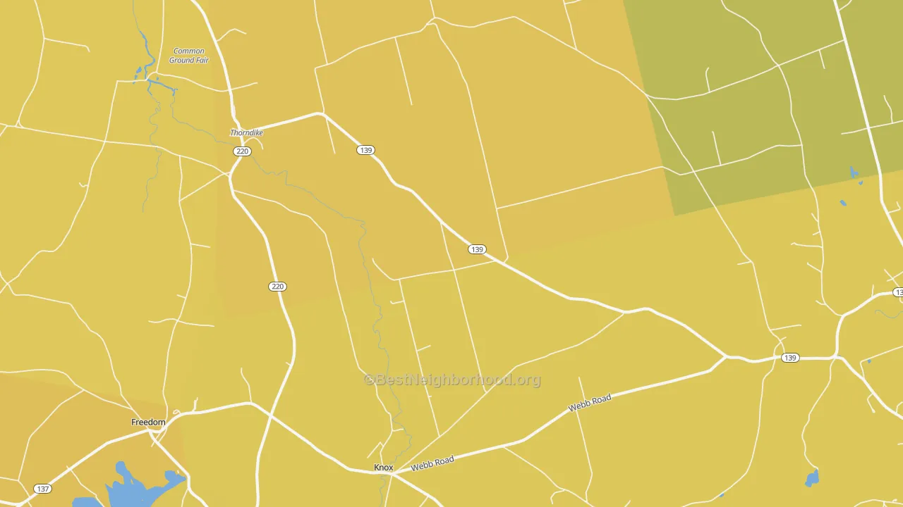 Map of the best neighborhoods in the 04986 area, with better matches in green and worse matches in red