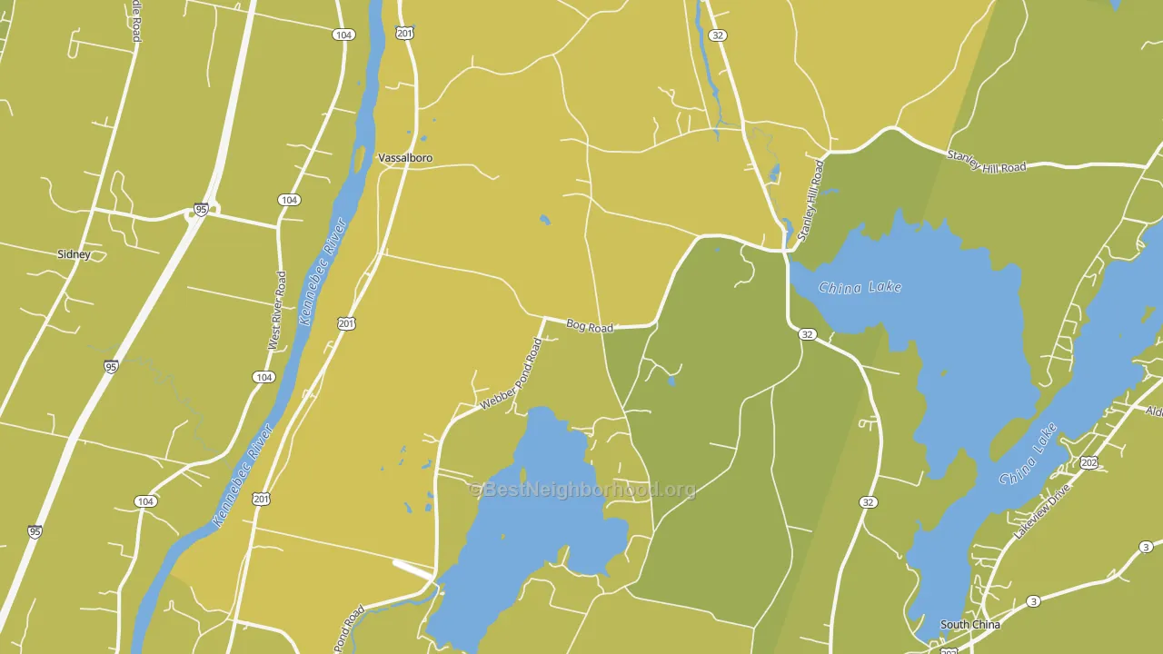 Map of the best neighborhoods in the 04989 area, with better matches in green and worse matches in red