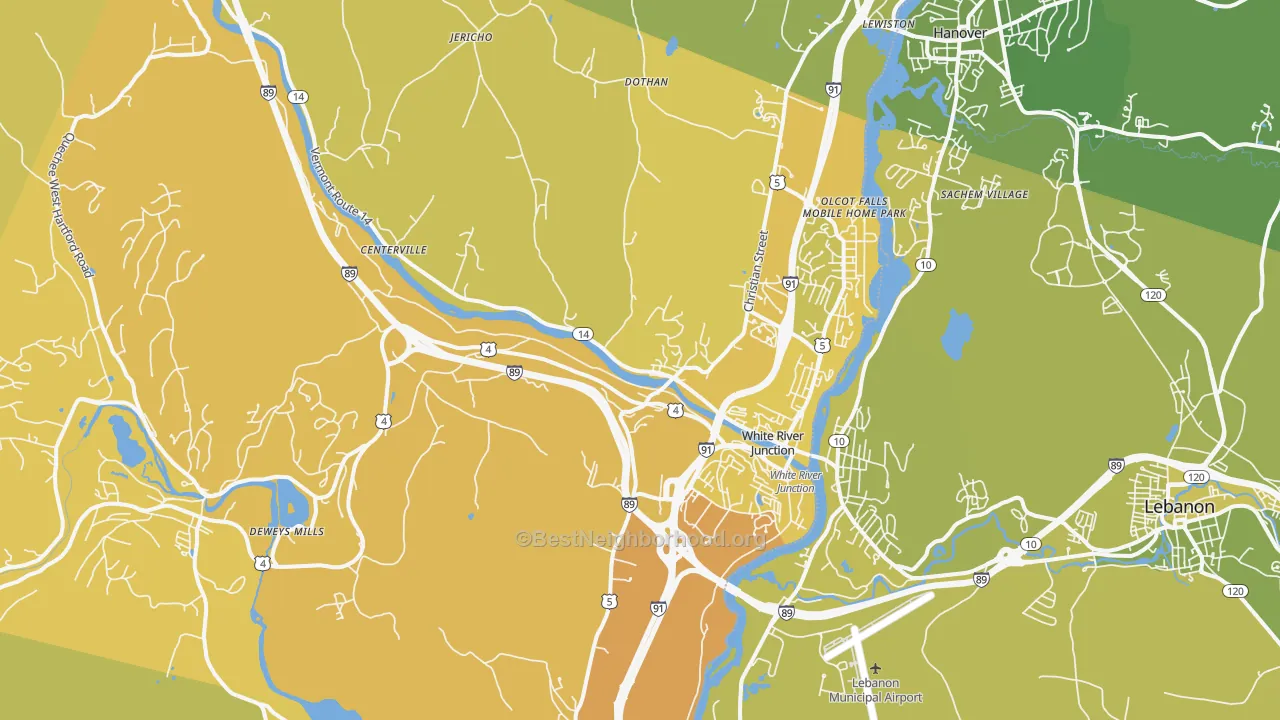 Map of the best neighborhoods in the 05001 area, with better matches in green and worse matches in red