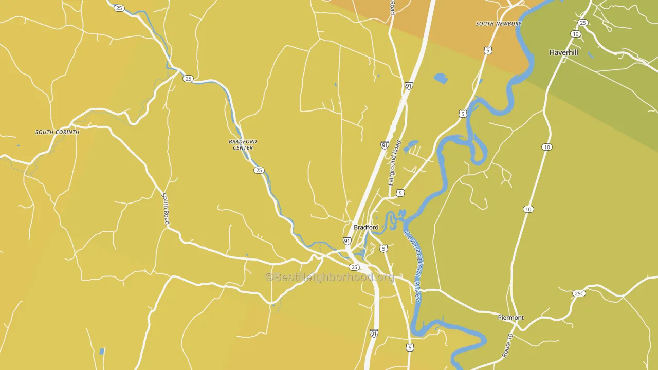 Map of the best neighborhoods in the 05033 area, with better matches in green and worse matches in red