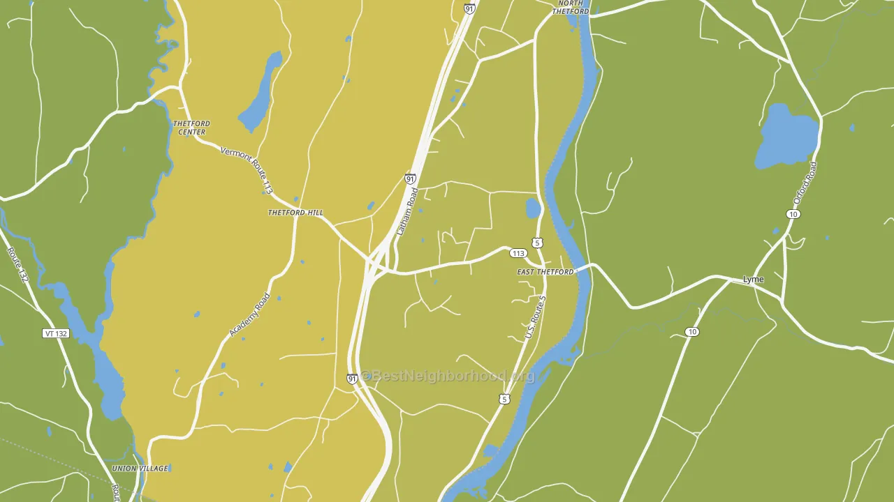Map of the best neighborhoods in the 05043 area, with better matches in green and worse matches in red