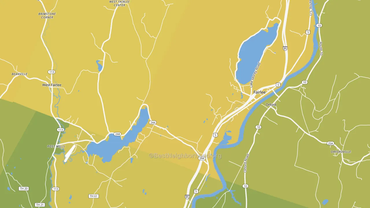 Map of the best neighborhoods in the 05045 area, with better matches in green and worse matches in red