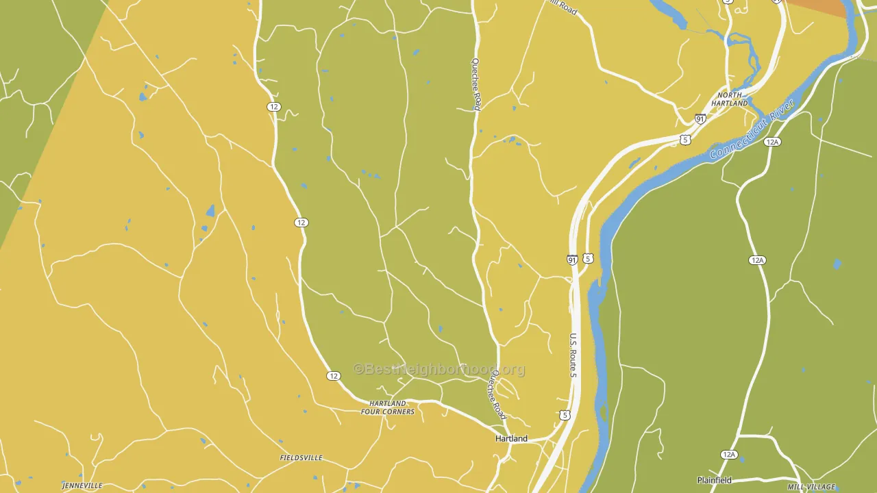 Map of the best neighborhoods in the 05048 area, with better matches in green and worse matches in red