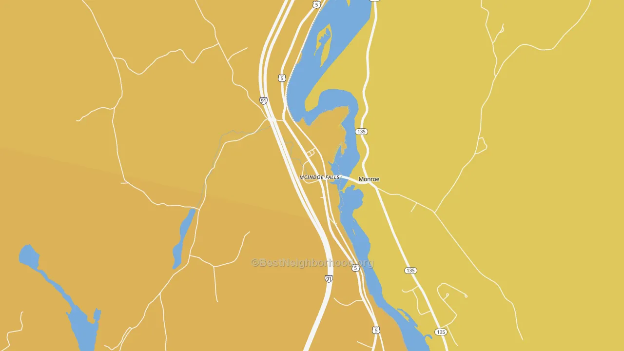 Map of the best neighborhoods in the 05050 area, with better matches in green and worse matches in red