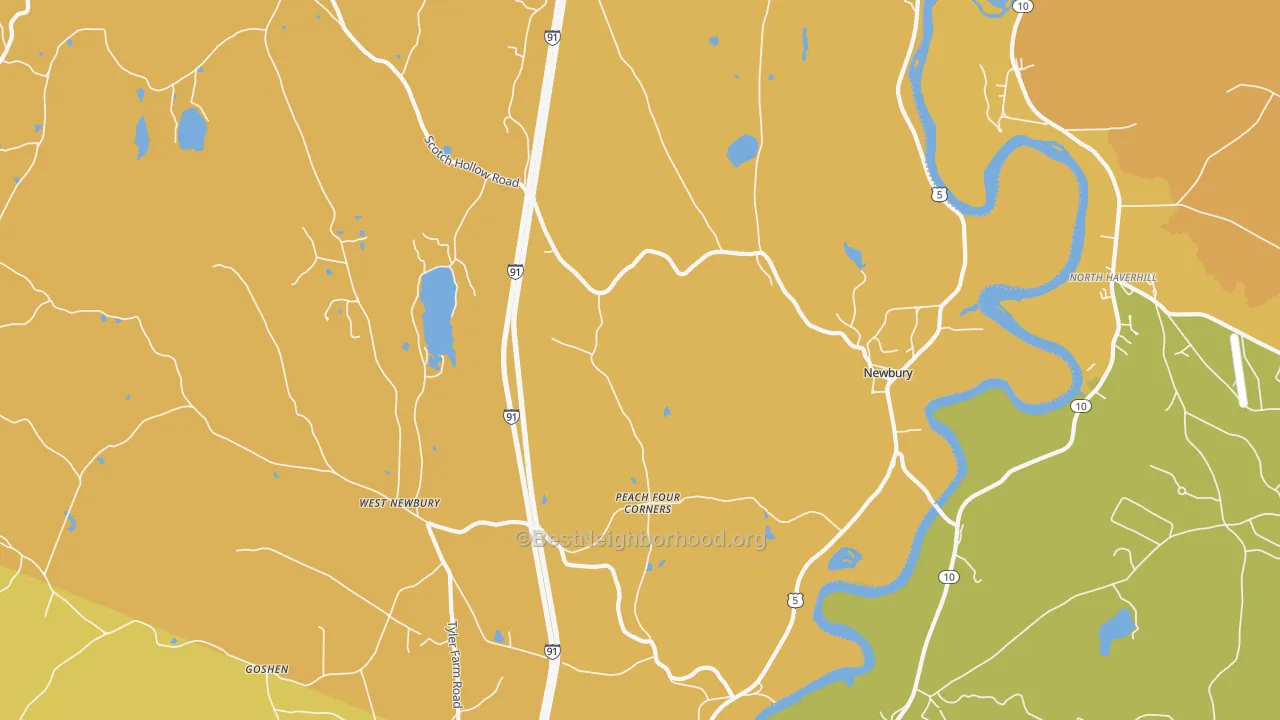 Map of the best neighborhoods in the 05051 area, with better matches in green and worse matches in red