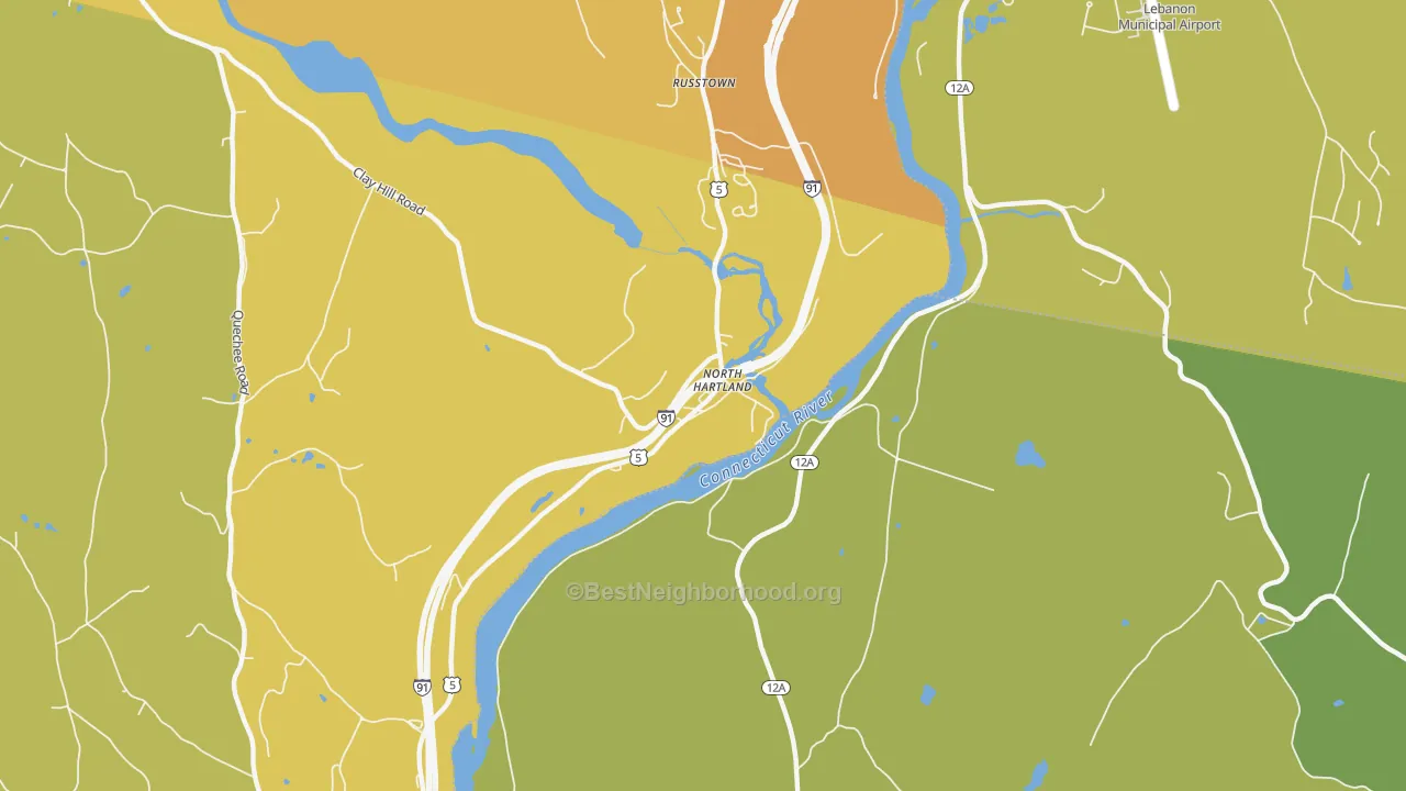 Map of the best neighborhoods in the 05052 area, with better matches in green and worse matches in red