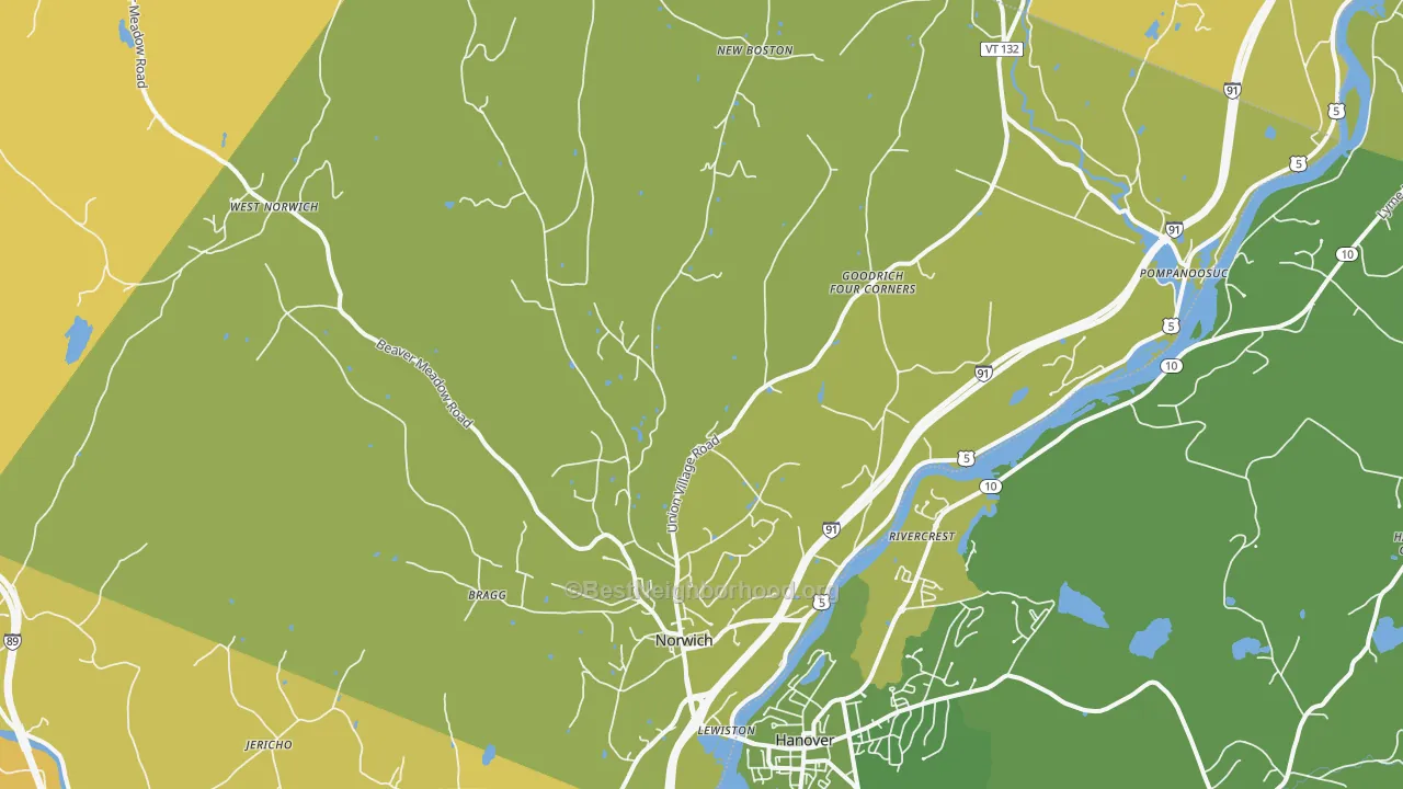 Map of the best neighborhoods in the 05055 area, with better matches in green and worse matches in red