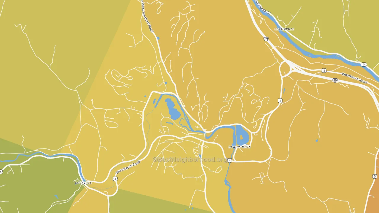 Map of the best neighborhoods in the 05059 area, with better matches in green and worse matches in red