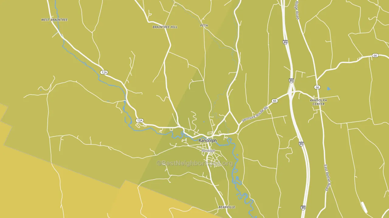 Map of the best neighborhoods in the 05060 area, with better matches in green and worse matches in red