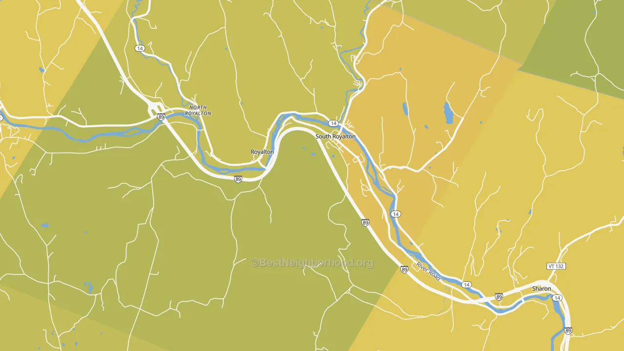 Map of the best neighborhoods in the 05068 area, with better matches in green and worse matches in red