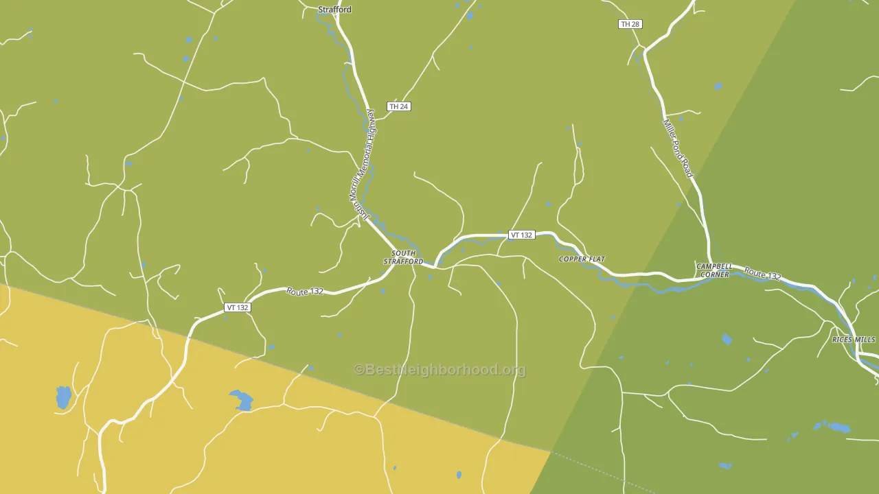 Map of the best neighborhoods in the 05070 area, with better matches in green and worse matches in red