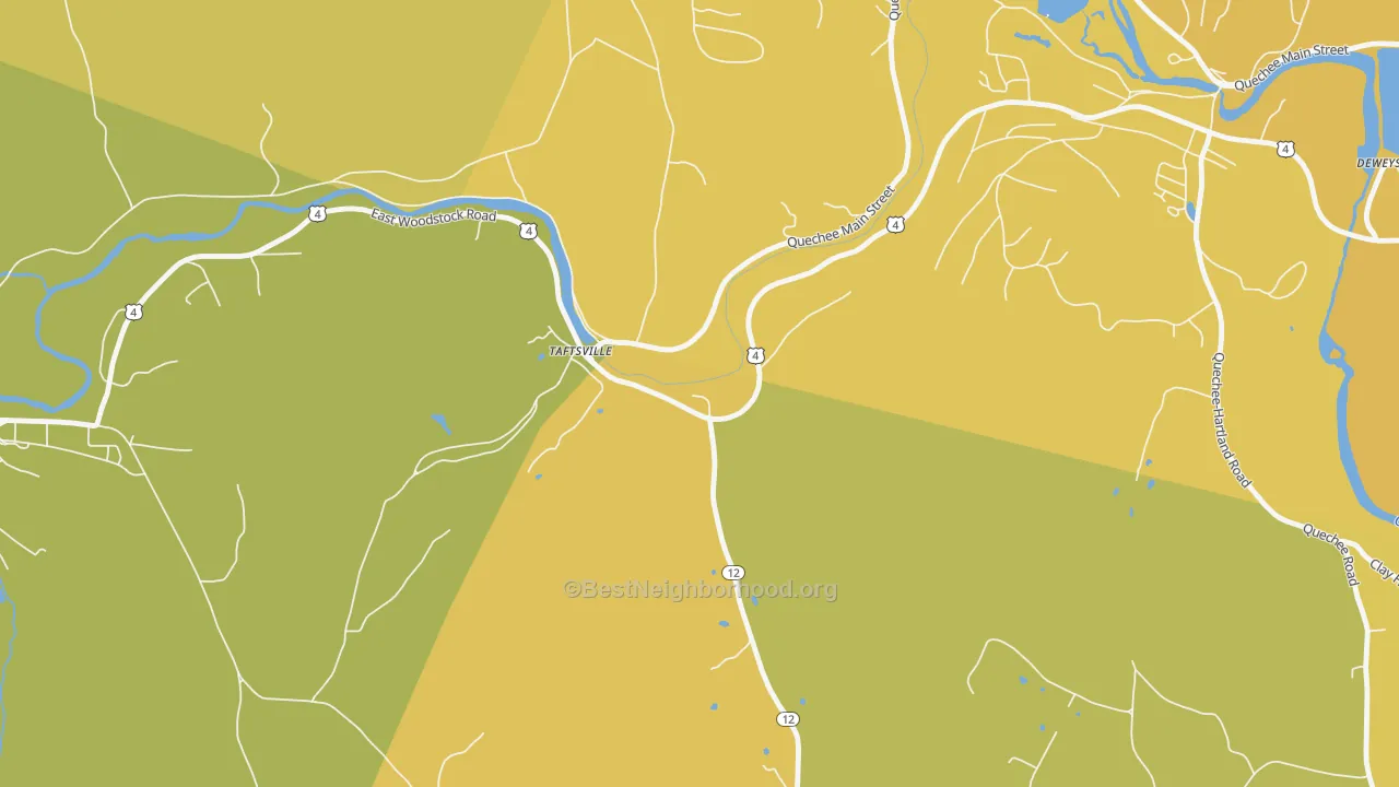 Map of the best neighborhoods in the 05073 area, with better matches in green and worse matches in red