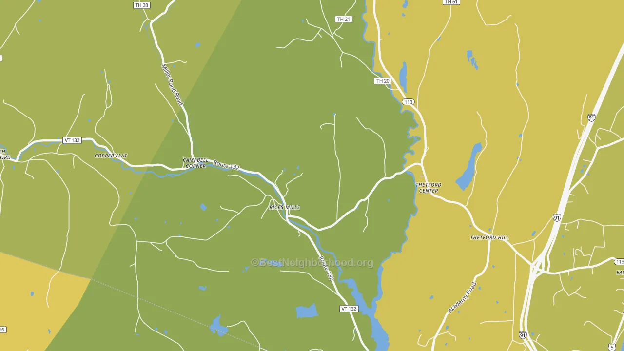 Map of the best neighborhoods in the 05075 area, with better matches in green and worse matches in red