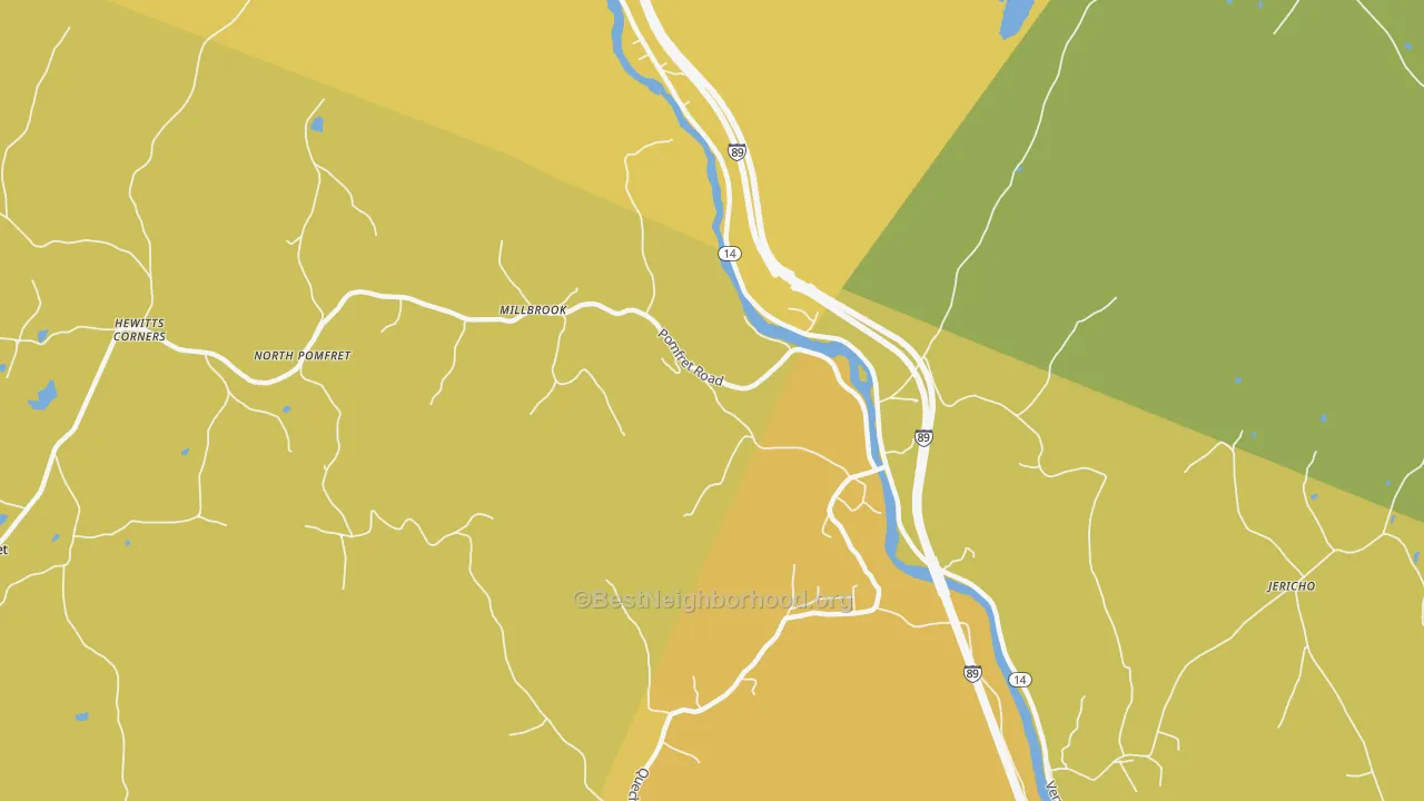 Map of the best neighborhoods in the 05084 area, with better matches in green and worse matches in red