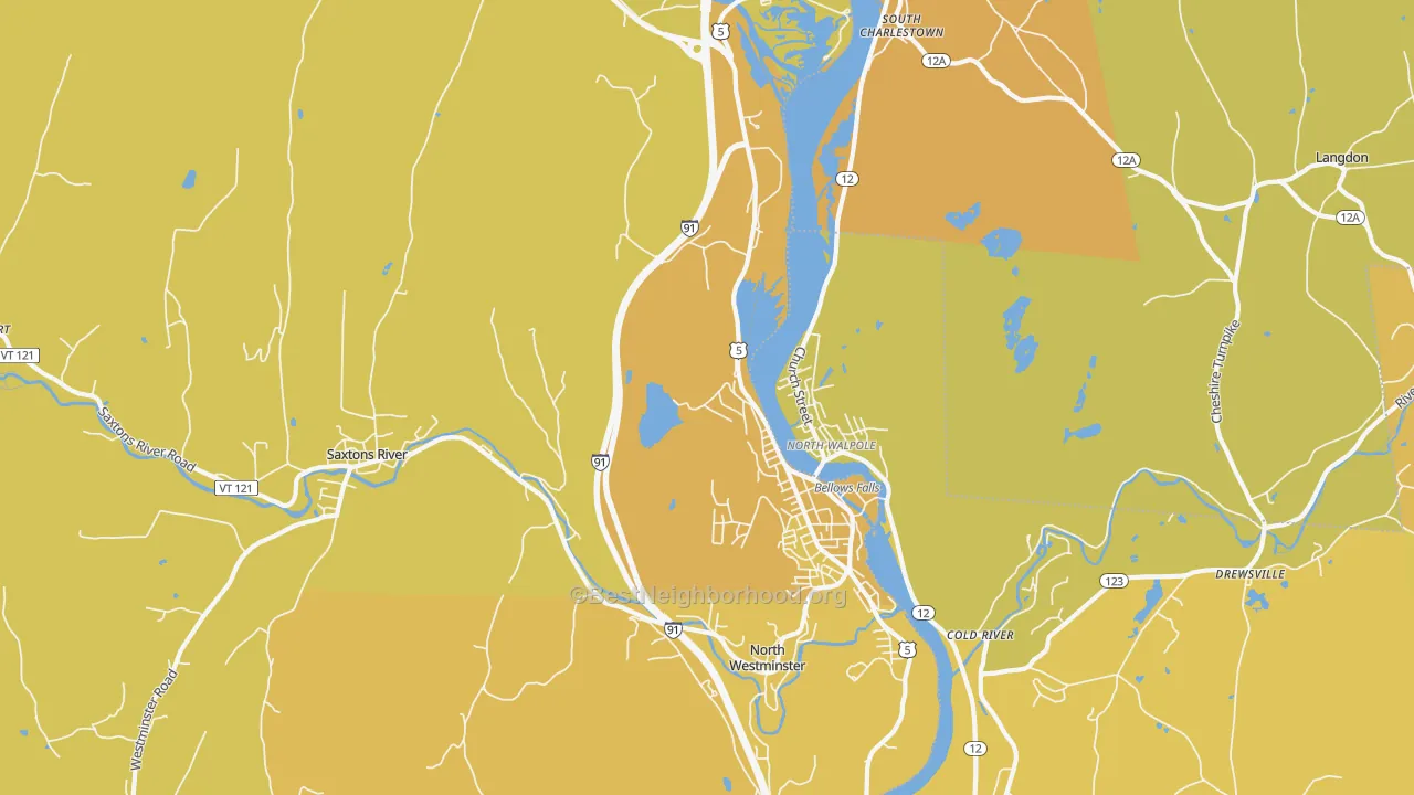 Map of the best neighborhoods in the 05101 area, with better matches in green and worse matches in red