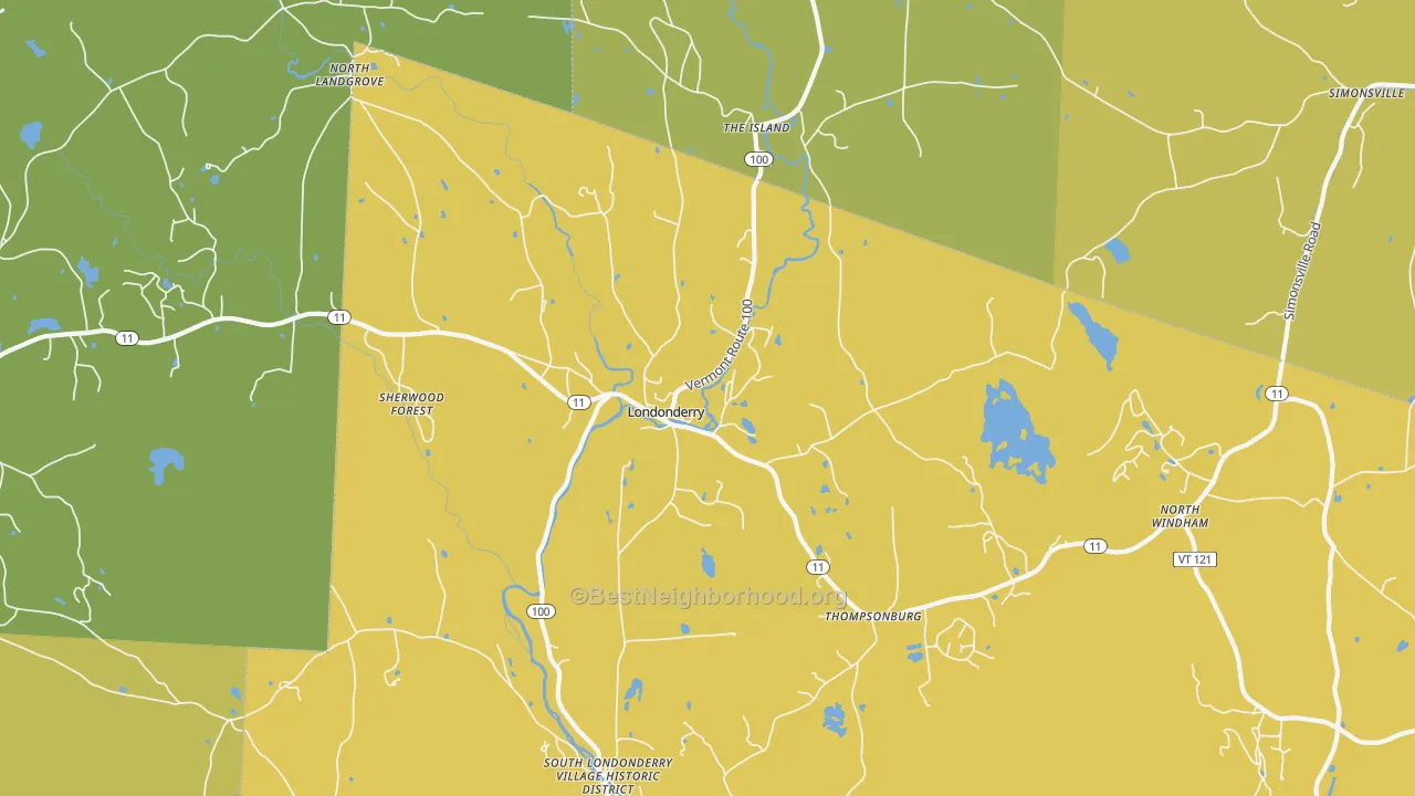 Map of the best neighborhoods in the 05148 area, with better matches in green and worse matches in red