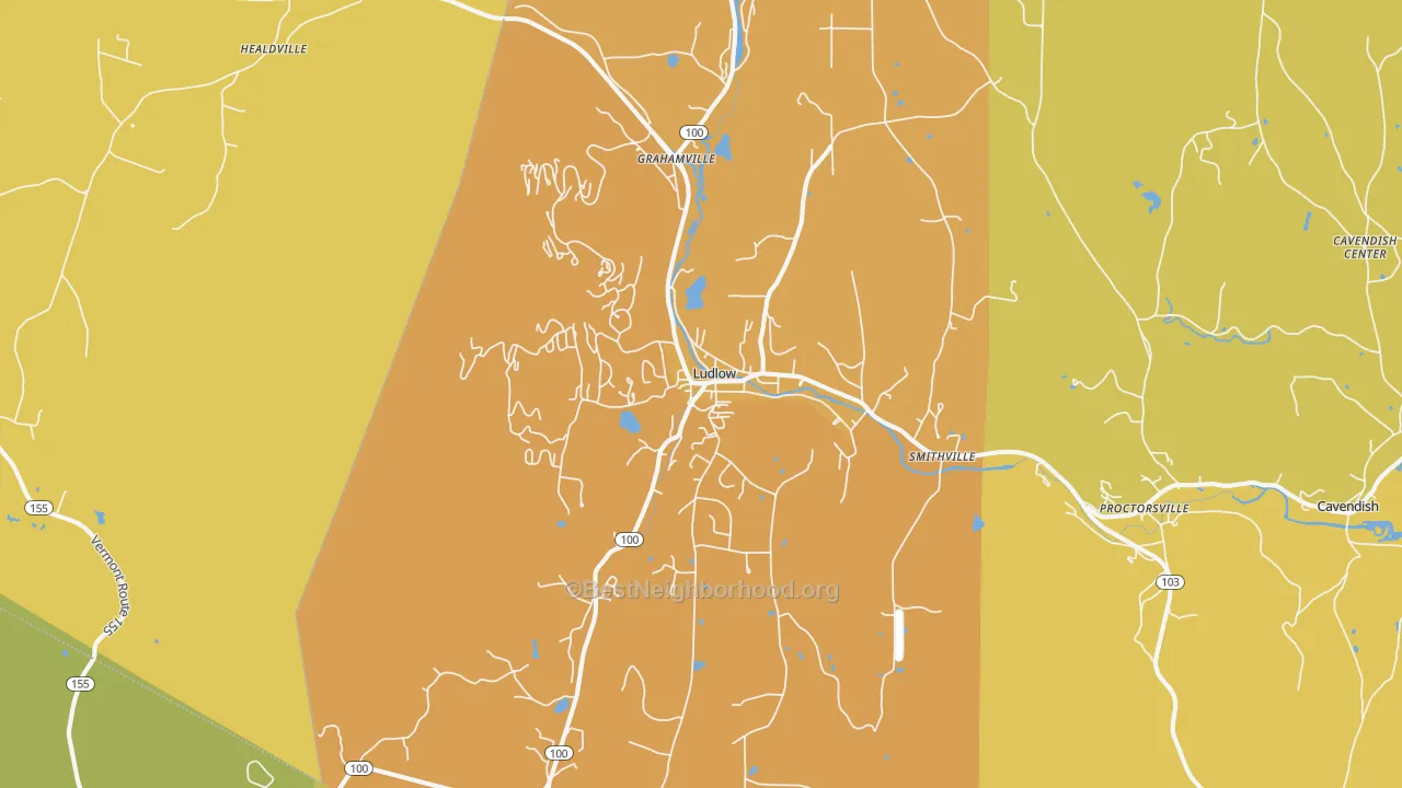 Map of the best neighborhoods in the 05149 area, with better matches in green and worse matches in red