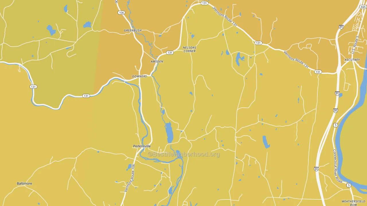 Map of the best neighborhoods in the 05151 area, with better matches in green and worse matches in red