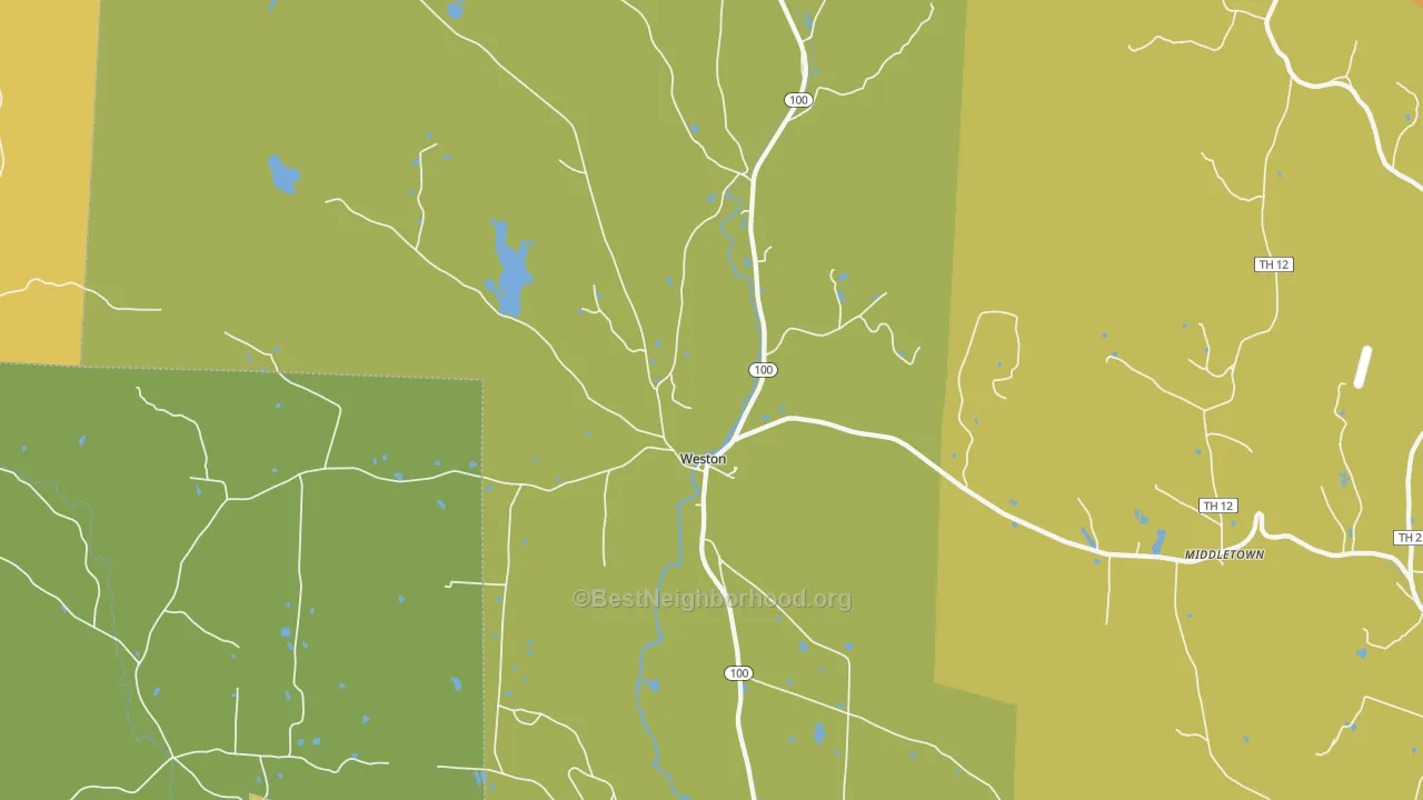Map of the best neighborhoods in the 05161 area, with better matches in green and worse matches in red