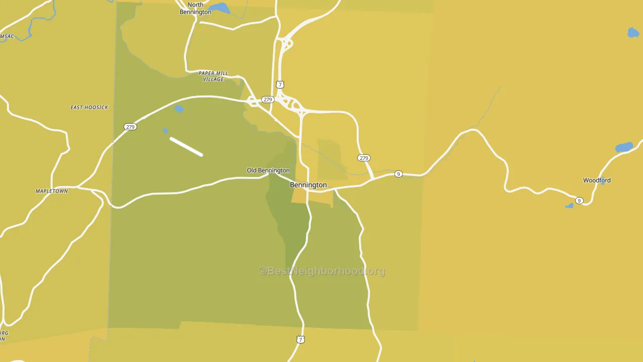 Map of the best neighborhoods in the 05201 area, with better matches in green and worse matches in red