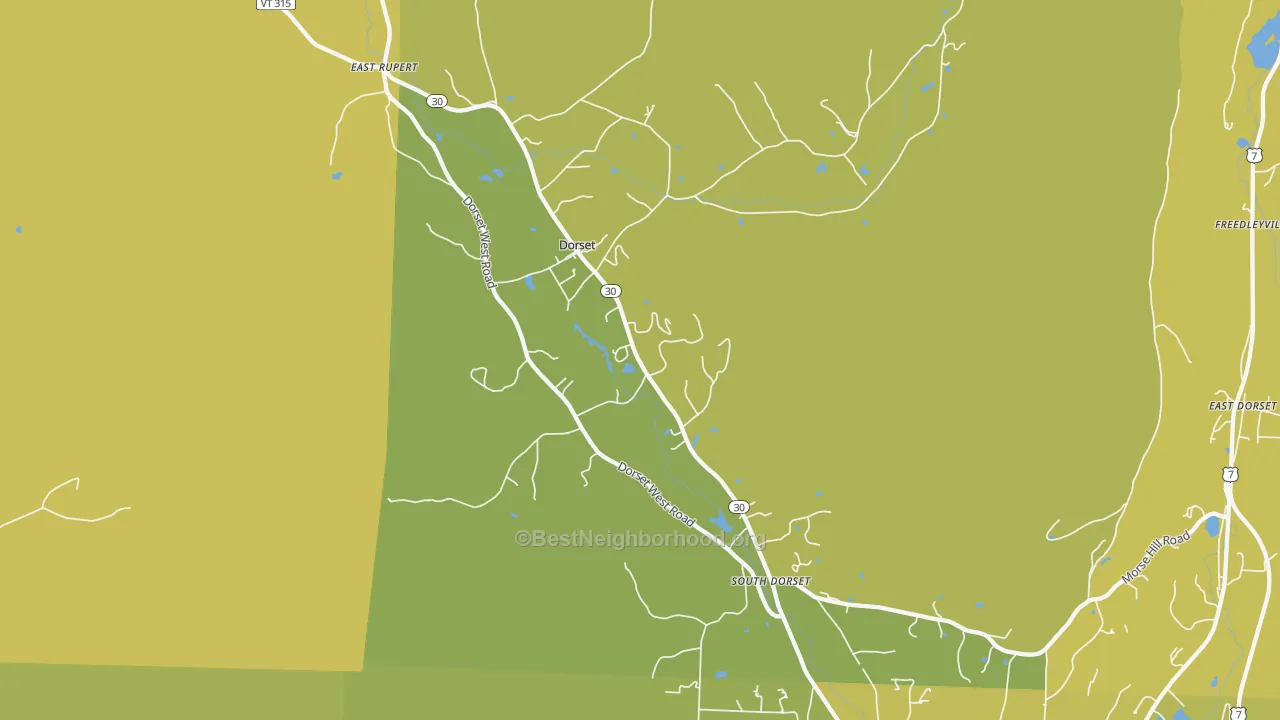 Map of the best neighborhoods in the 05251 area, with better matches in green and worse matches in red