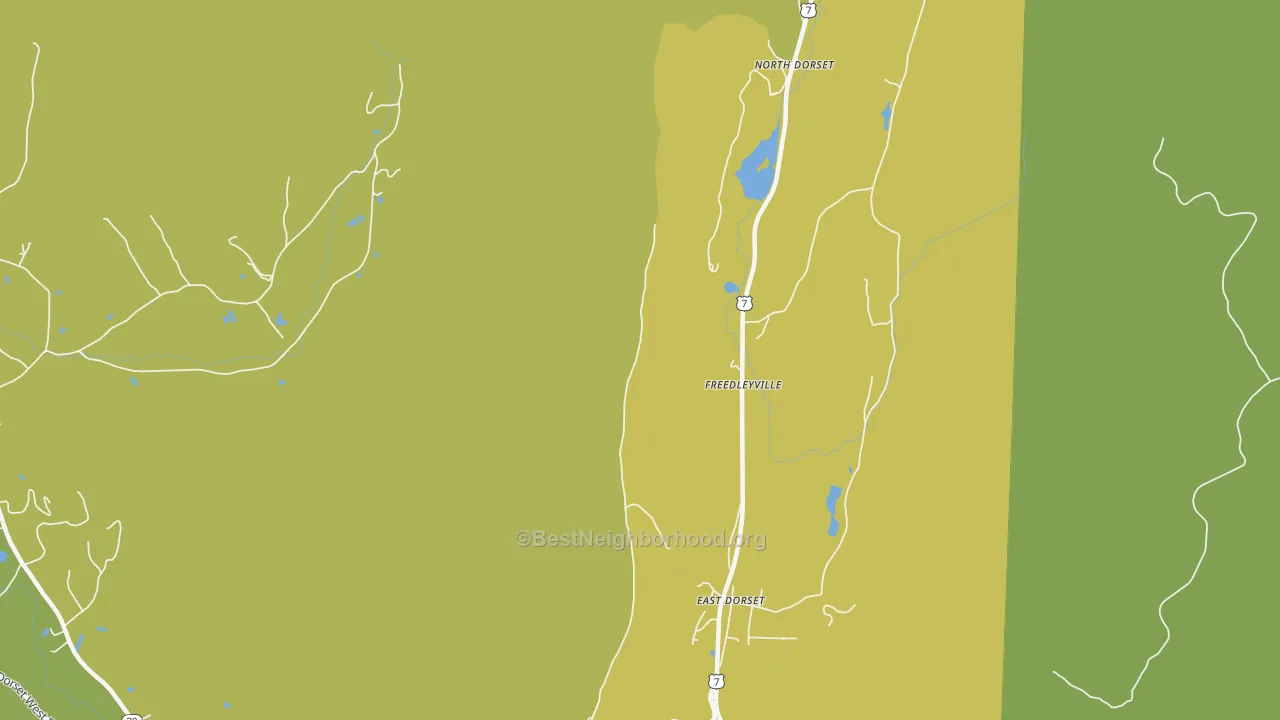 Map of the best neighborhoods in the 05253 area, with better matches in green and worse matches in red
