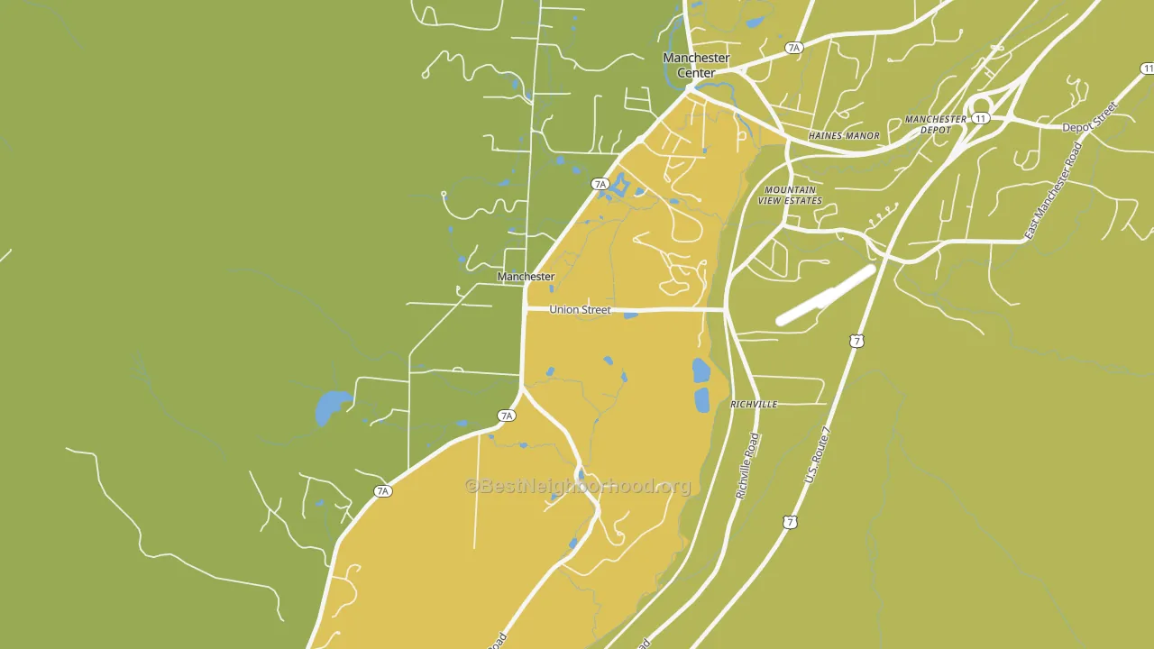 Map of the best neighborhoods in the 05254 area, with better matches in green and worse matches in red