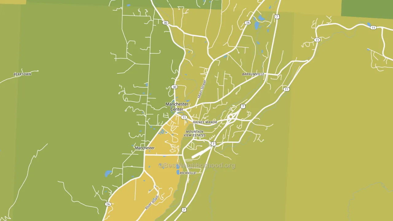 Map of the best neighborhoods in the 05255 area, with better matches in green and worse matches in red