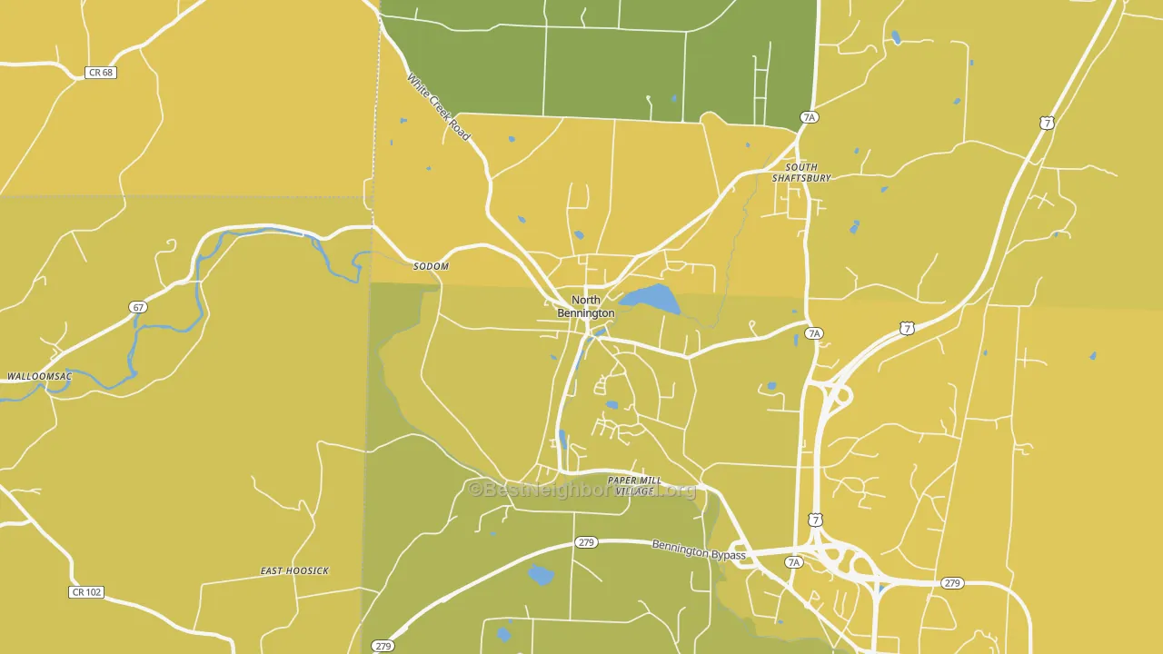 Map of the best neighborhoods in the 05257 area, with better matches in green and worse matches in red