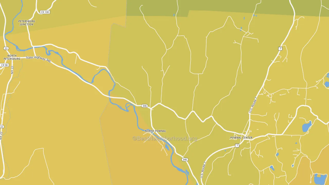 Map of the best neighborhoods in the 05260 area, with better matches in green and worse matches in red