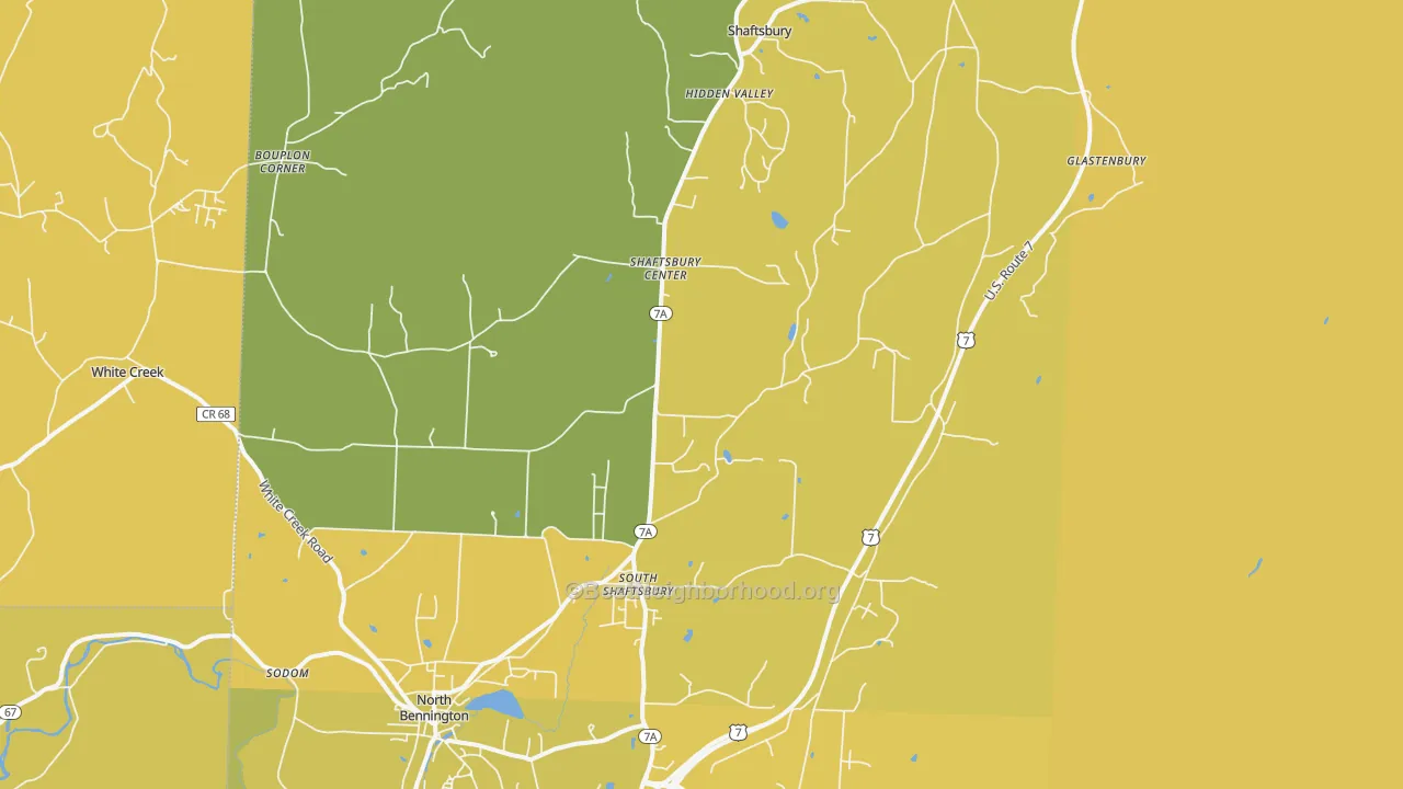 Map of the best neighborhoods in the 05262 area, with better matches in green and worse matches in red