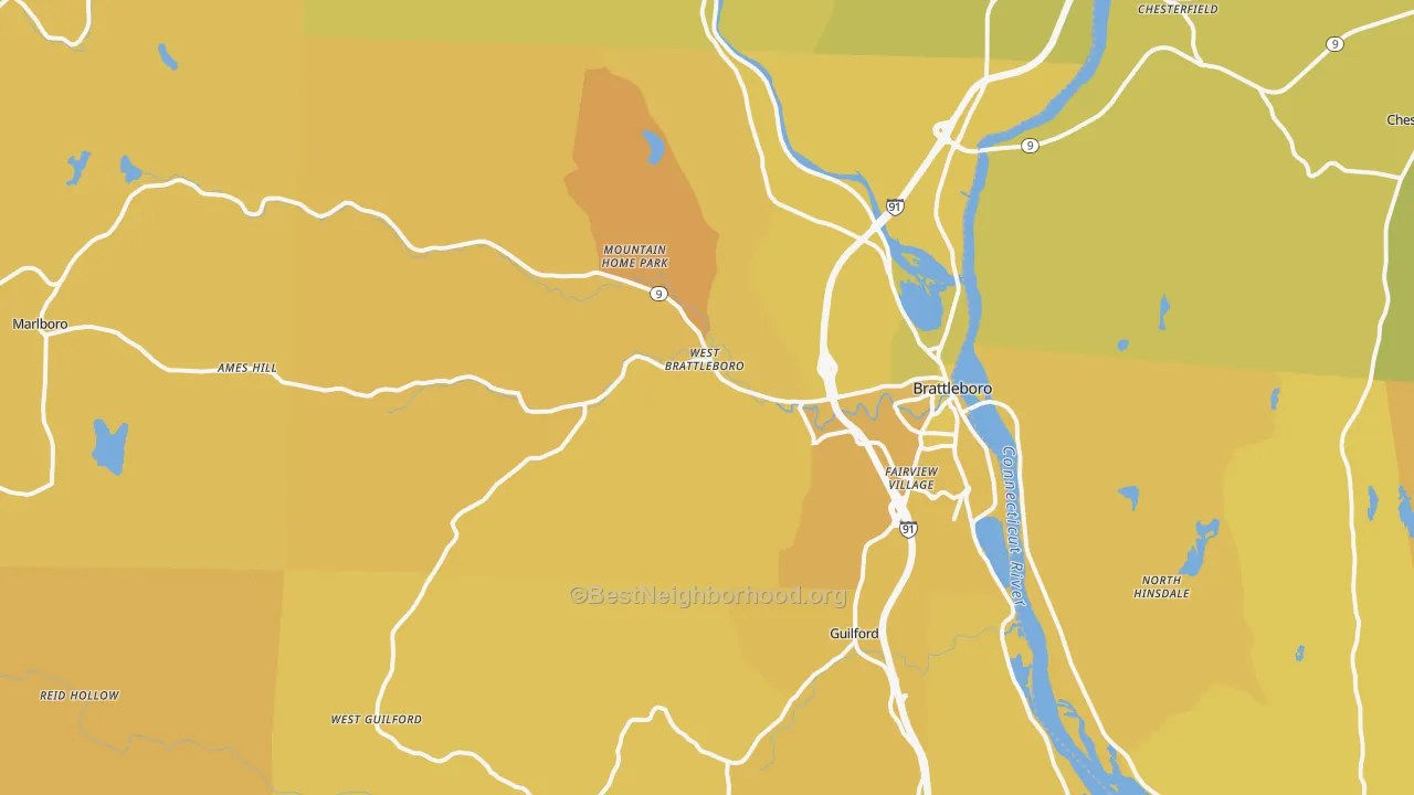 Map of the best neighborhoods in the 05301 area, with better matches in green and worse matches in red