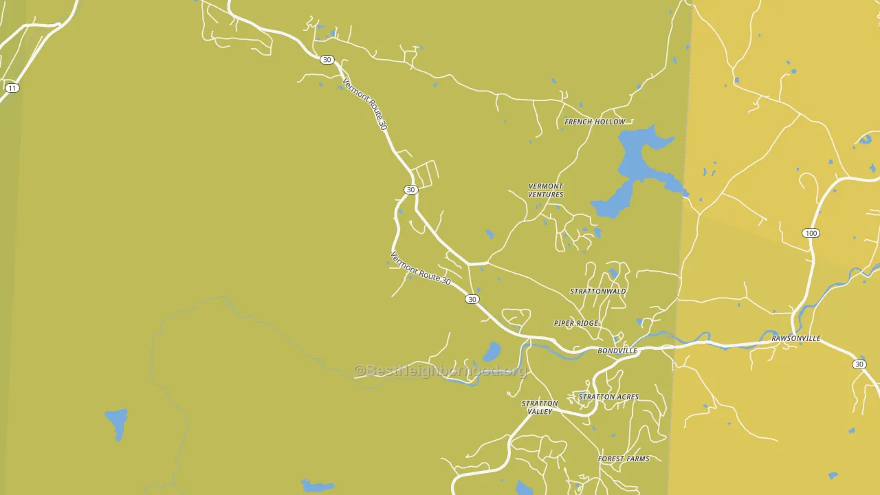 Map of the best neighborhoods in the 05340 area, with better matches in green and worse matches in red