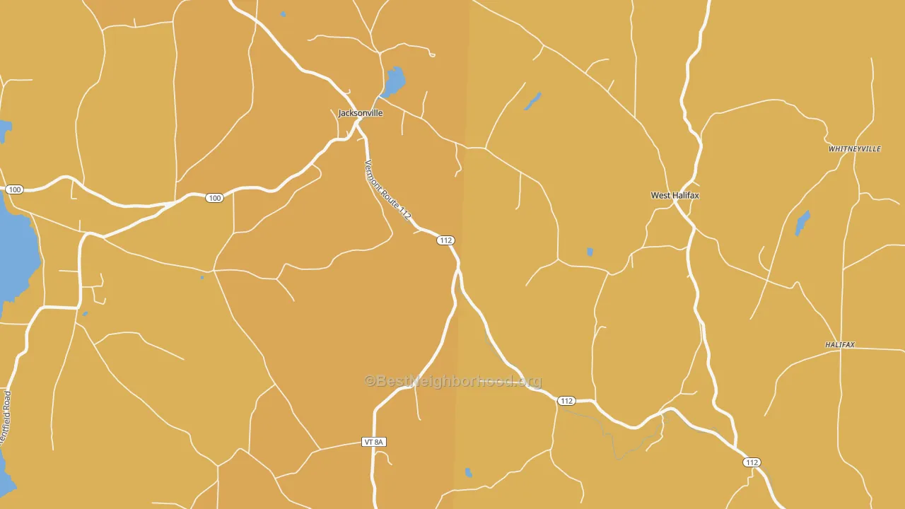 Map of the best neighborhoods in the 05342 area, with better matches in green and worse matches in red