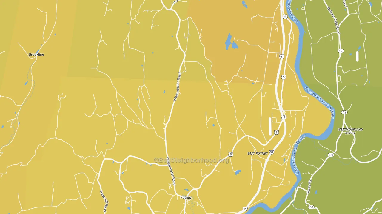 Map of the best neighborhoods in the 05346 area, with better matches in green and worse matches in red