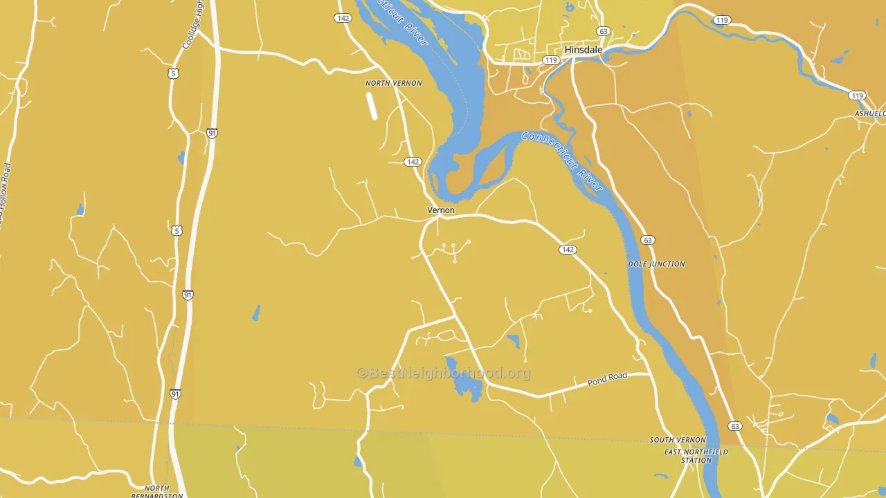 Map of the best neighborhoods in the 05354 area, with better matches in green and worse matches in red