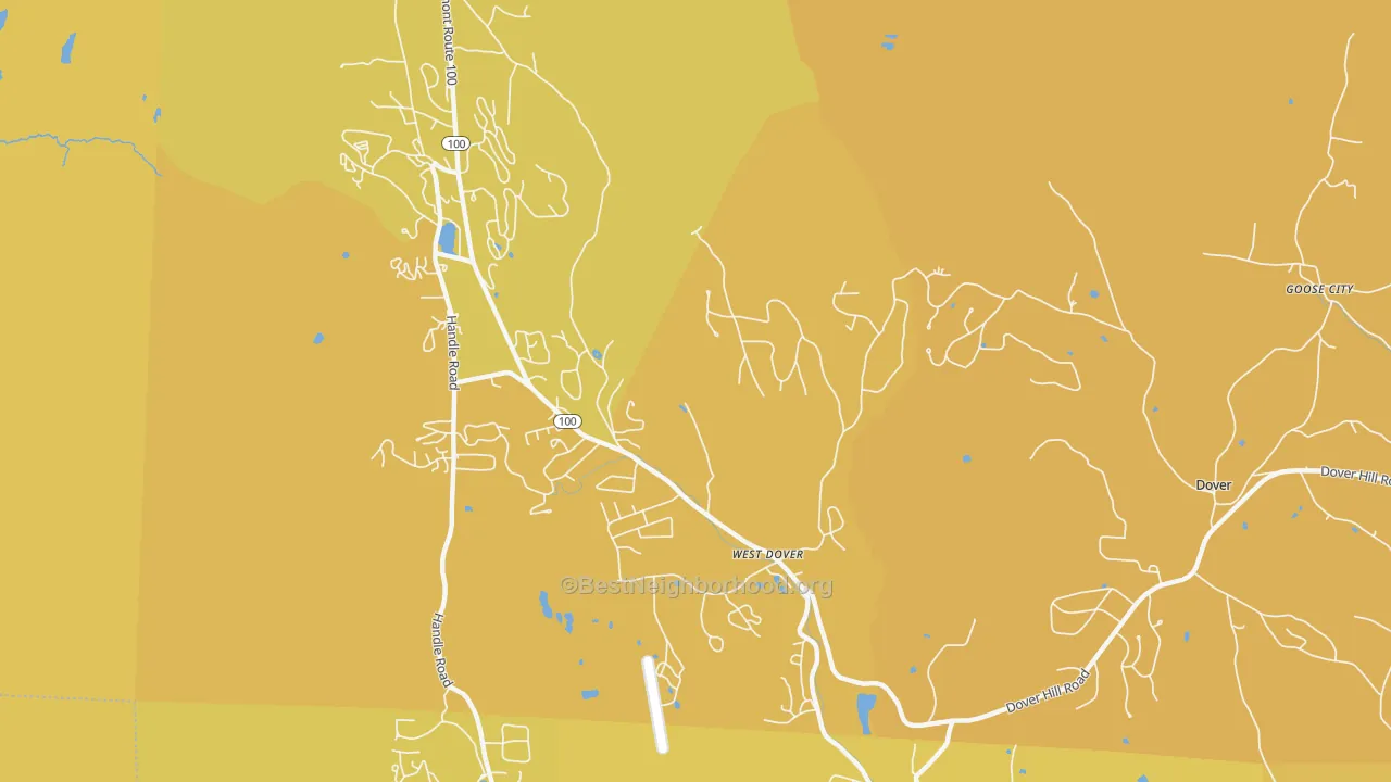 Map of the best neighborhoods in the 05356 area, with better matches in green and worse matches in red