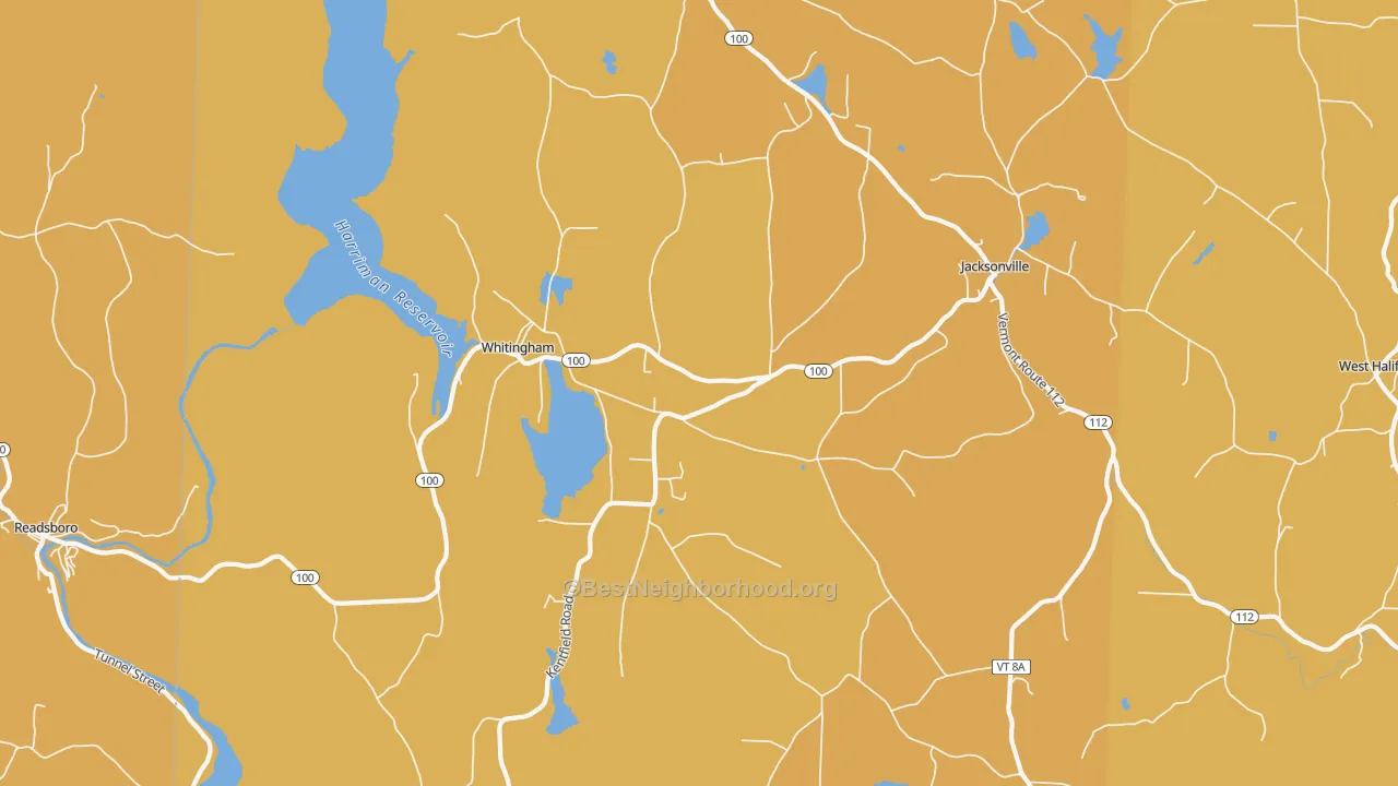 Map of the best neighborhoods in the 05361 area, with better matches in green and worse matches in red