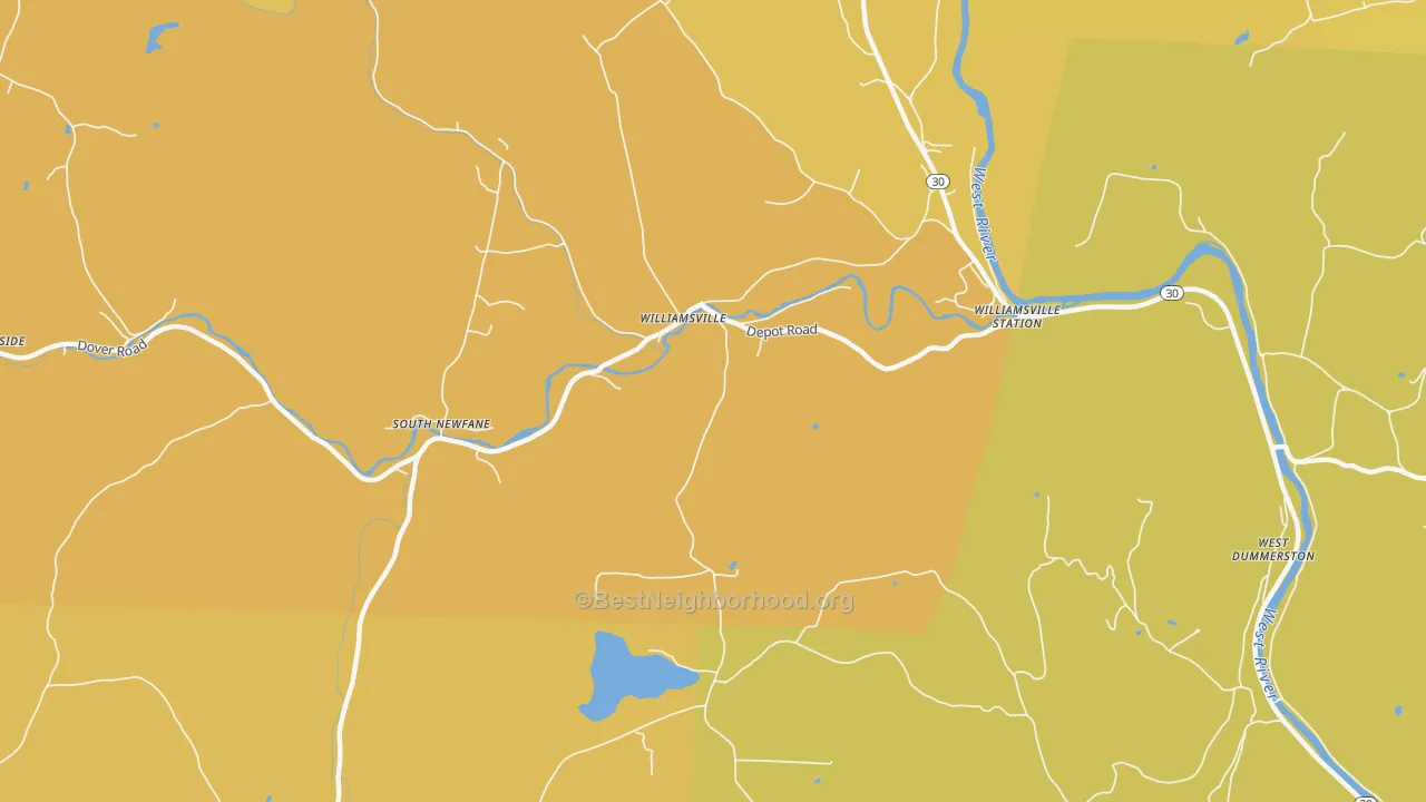 Map of the best neighborhoods in the 05362 area, with better matches in green and worse matches in red