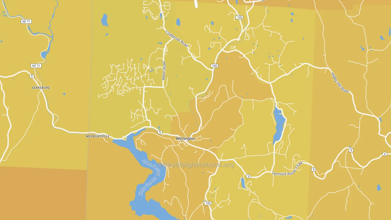 Map of the best neighborhoods in the 05363 area, with better matches in green and worse matches in red