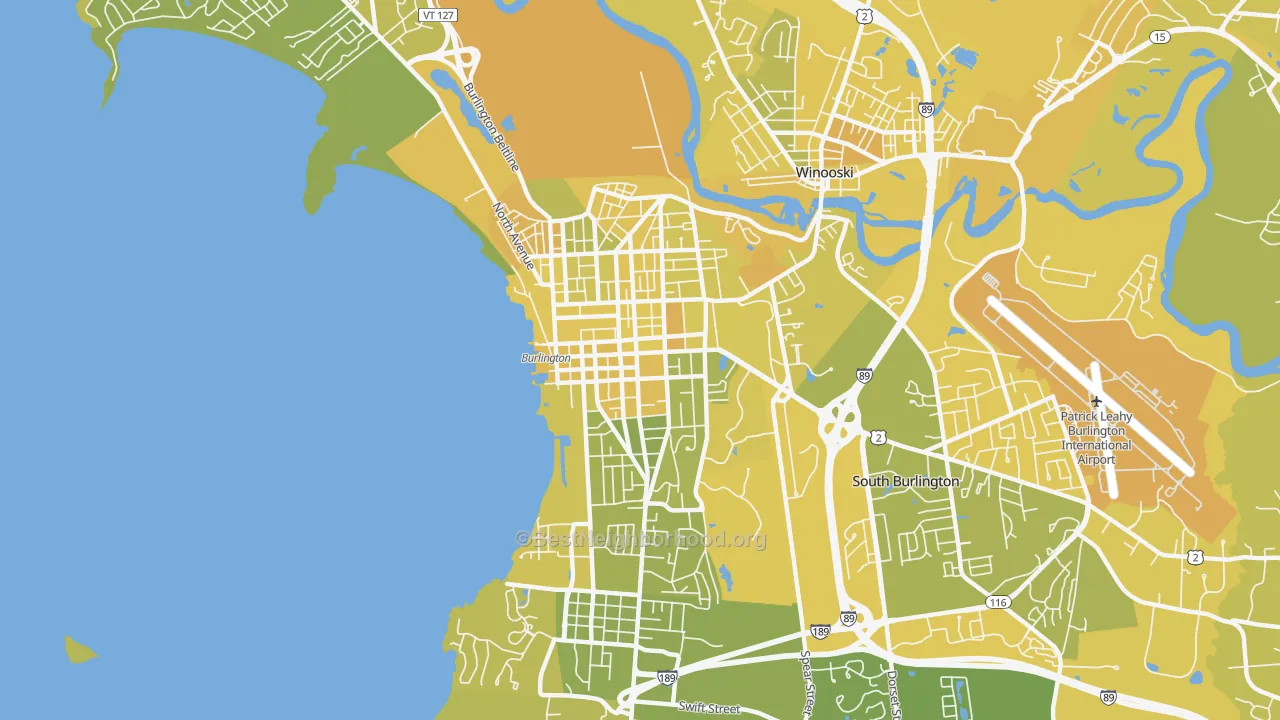 Map of the best neighborhoods in the 05401 area, with better matches in green and worse matches in red