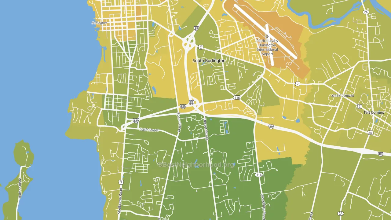 Map of the best neighborhoods in the 05403 area, with better matches in green and worse matches in red