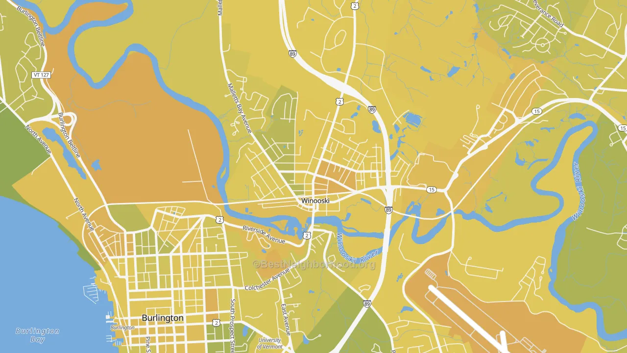 Map of the best neighborhoods in the 05404 area, with better matches in green and worse matches in red