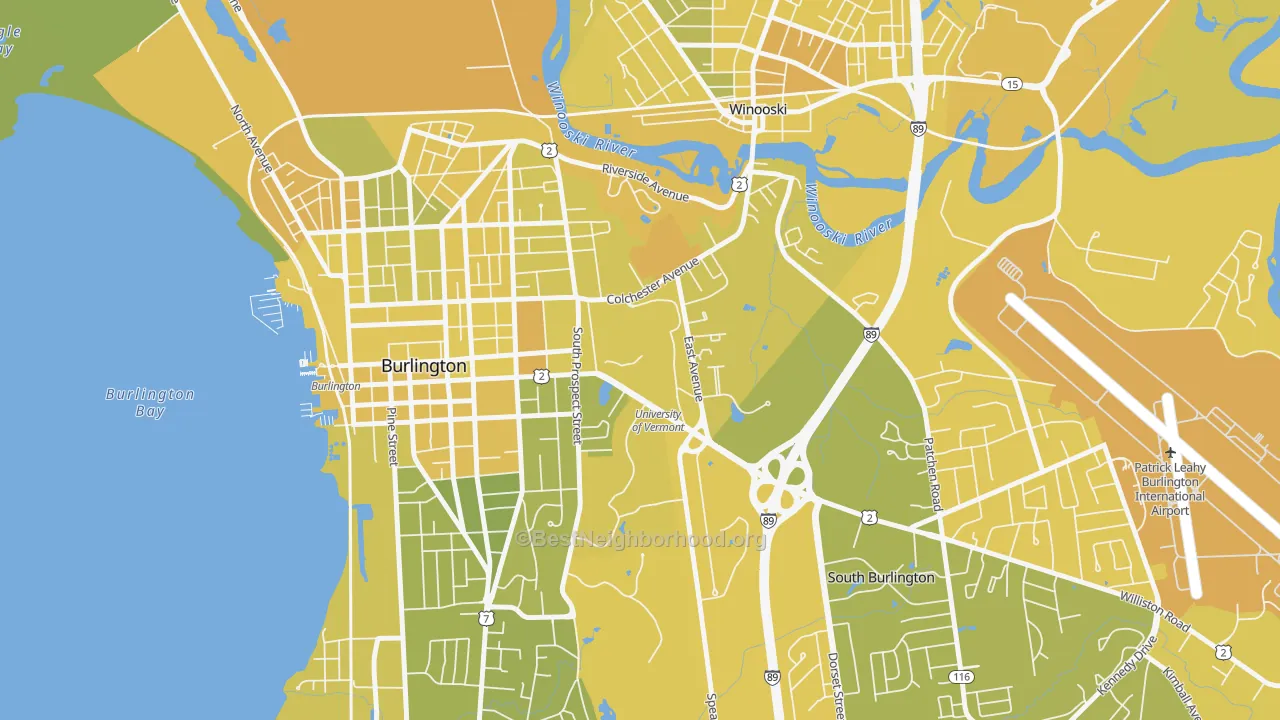 Map of the best neighborhoods in the 05405 area, with better matches in green and worse matches in red