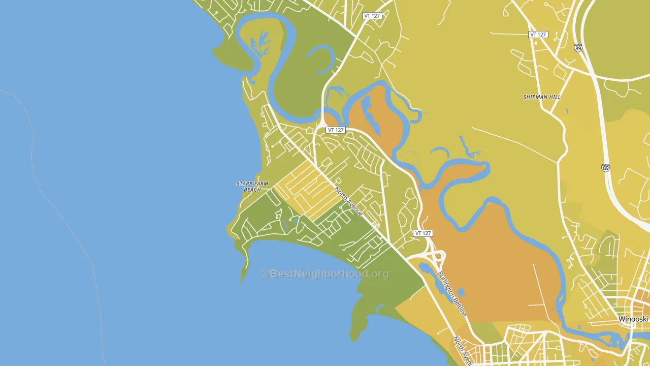 Map of the best neighborhoods in the 05408 area, with better matches in green and worse matches in red