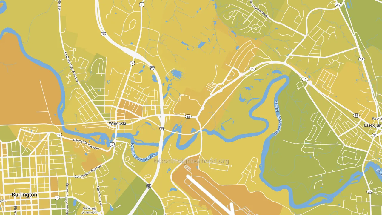 Map of the best neighborhoods in the 05439 area, with better matches in green and worse matches in red