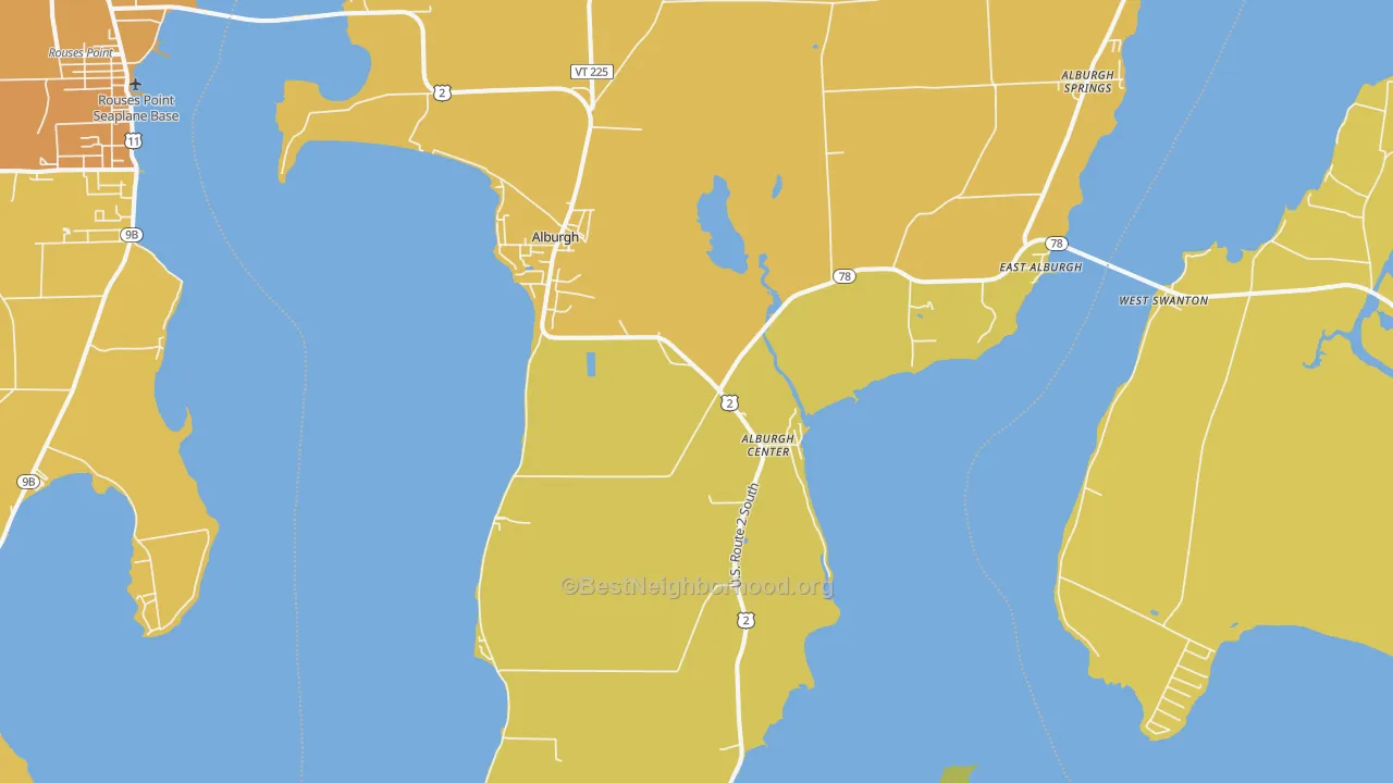 Map of the best neighborhoods in the 05440 area, with better matches in green and worse matches in red